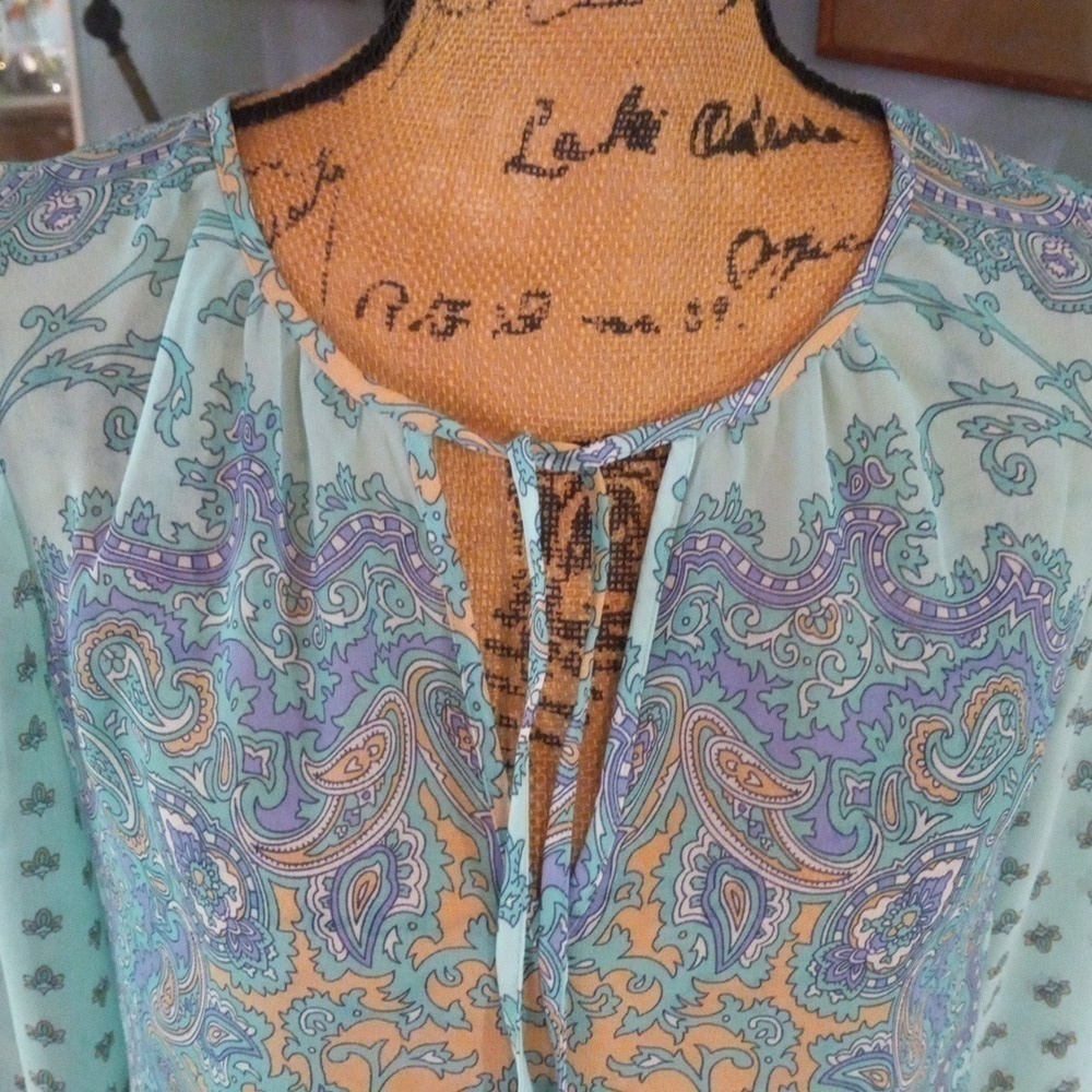 Ann Taylor Aqua and Lavender Paisley Print Boho Sheer Peasant Blouse - Picture 3 of 14